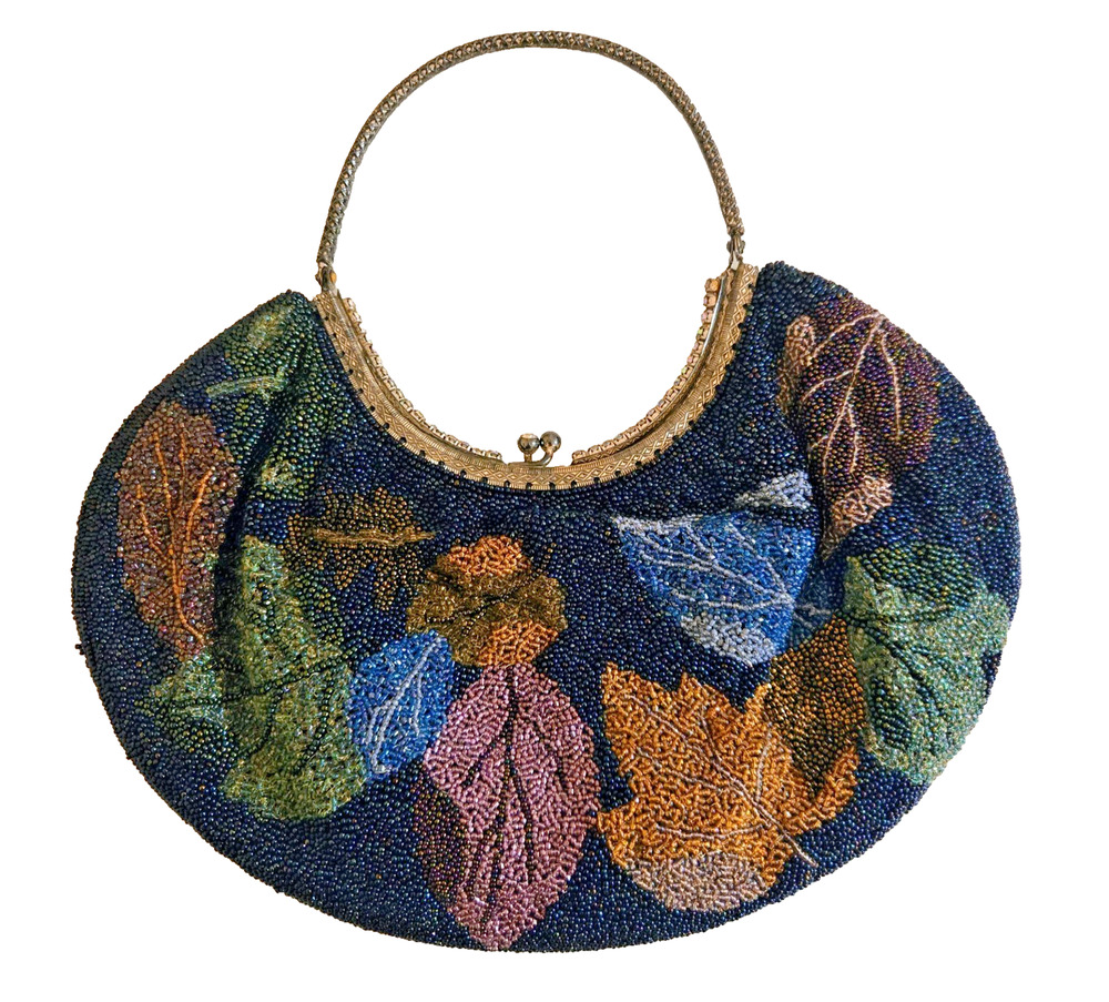 Vintage Beaded Purse Retro Boho Hippie Leaf Motif Seed Beads Handbag